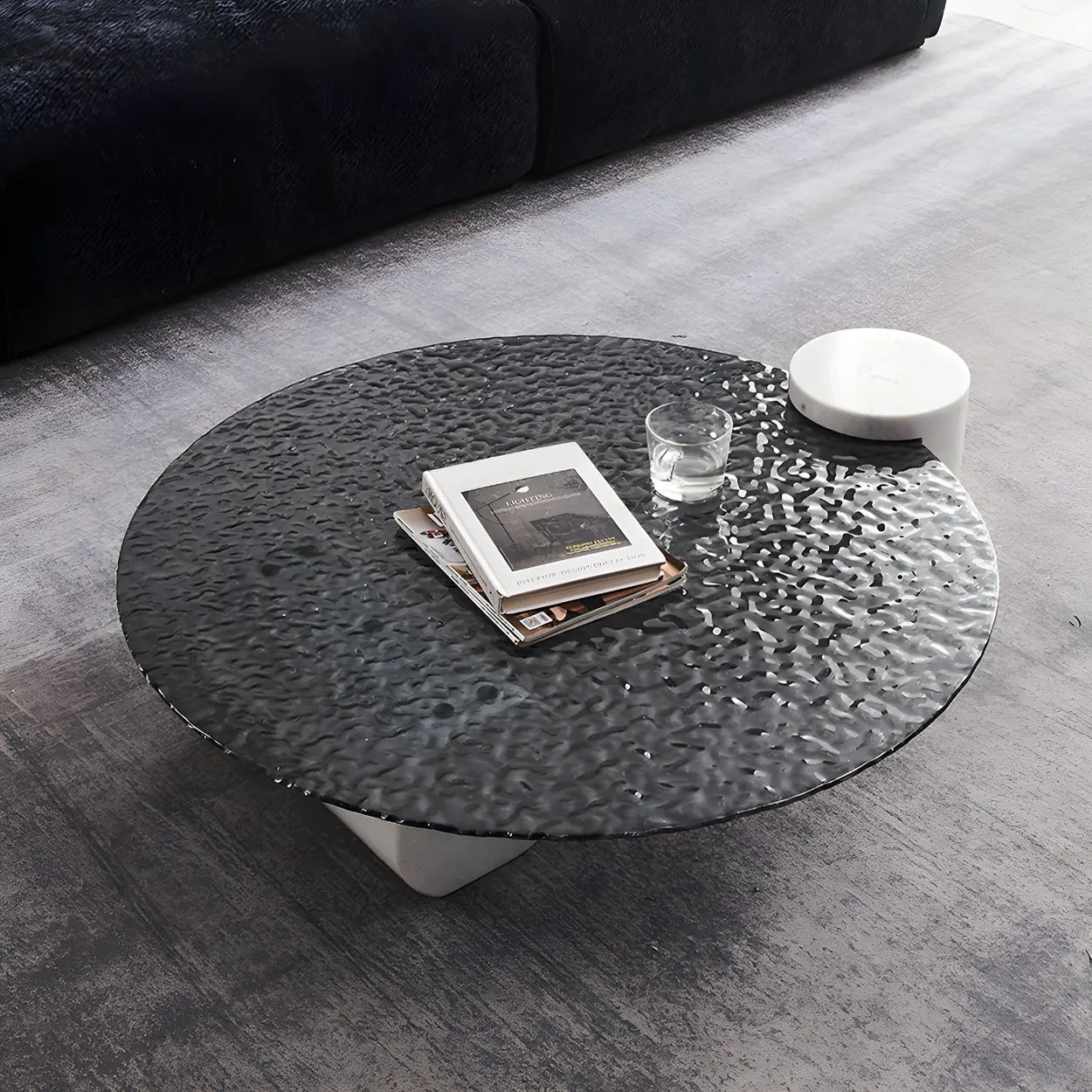 Abstract Black Round Glass Stone-Base Coffee Table