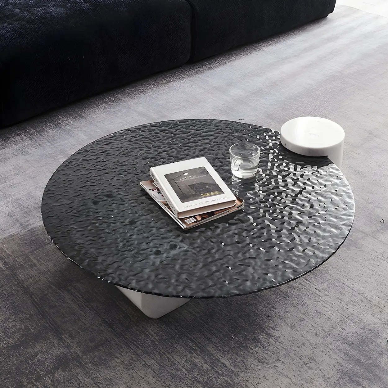 Abstract Black Round Glass Stone-Base Coffee Table