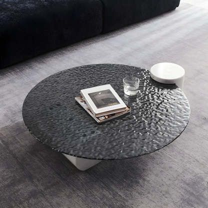 Abstract Black Round Glass Stone-Base Coffee Table
