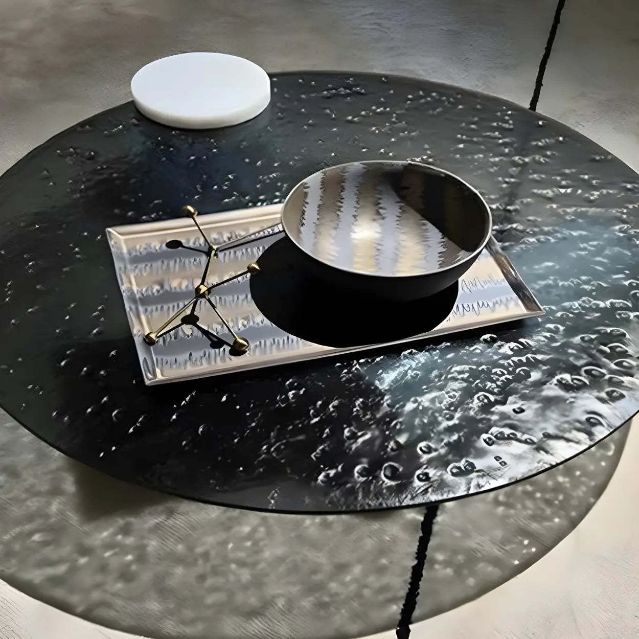 Abstract Black Round Glass Stone-Base Coffee Table