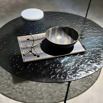 Abstract Black Round Glass Stone-Base Coffee Table