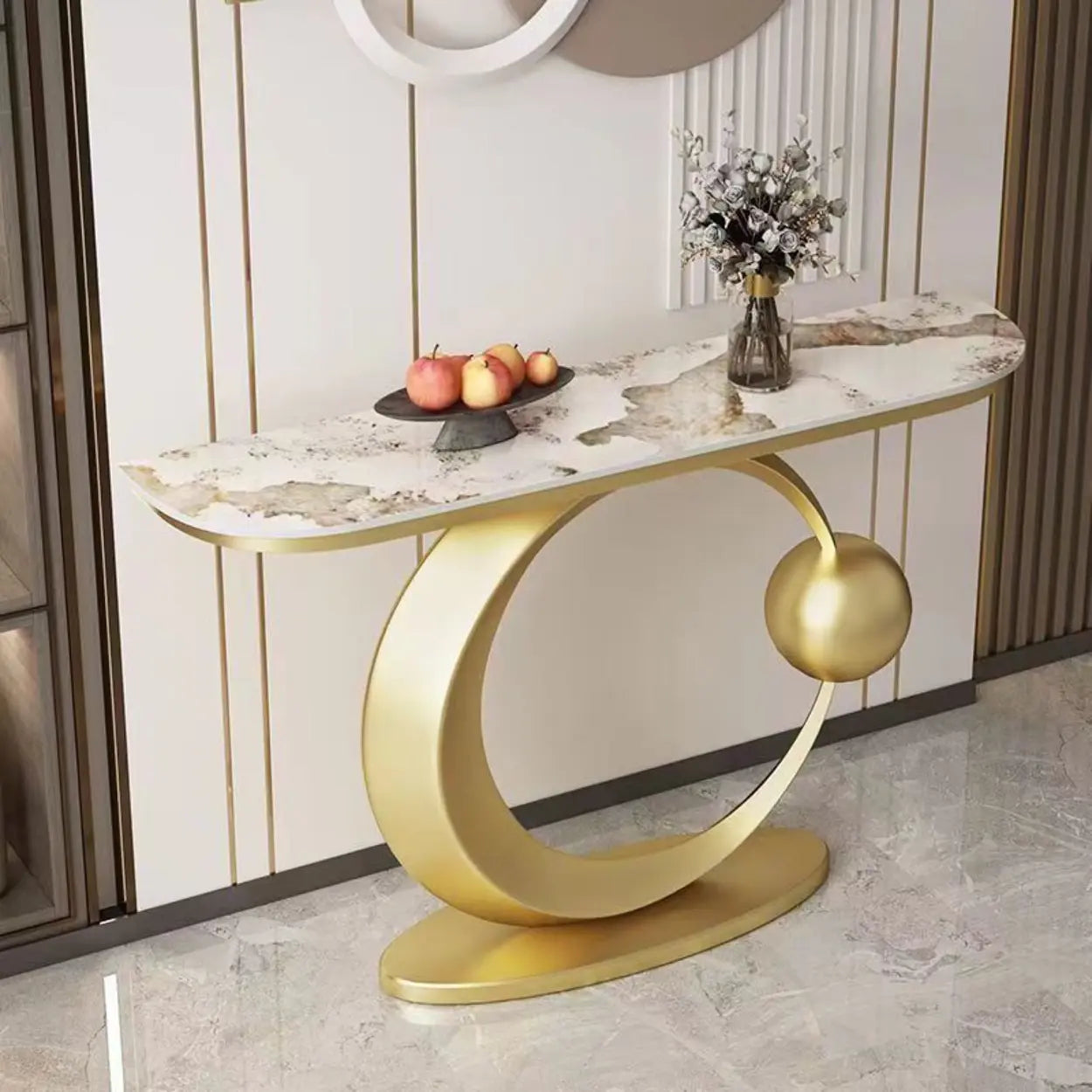 Abstract Base Sintered Stone Gold Console Table — Gold / White