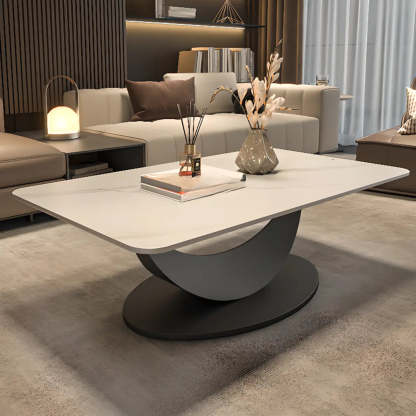 Abstract White Rectangular Stone Iron-Base Coffee Table — Black