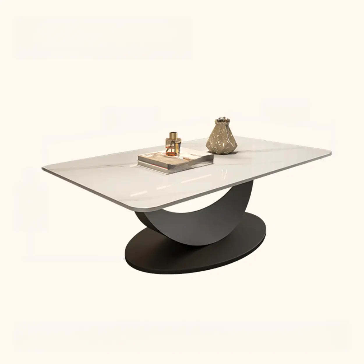 Abstract White Rectangular Stone Iron-Base Coffee Table — Gray