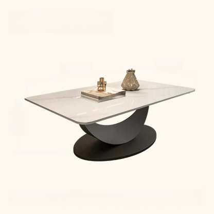 Abstract White Rectangular Stone Iron-Base Coffee Table — Gray