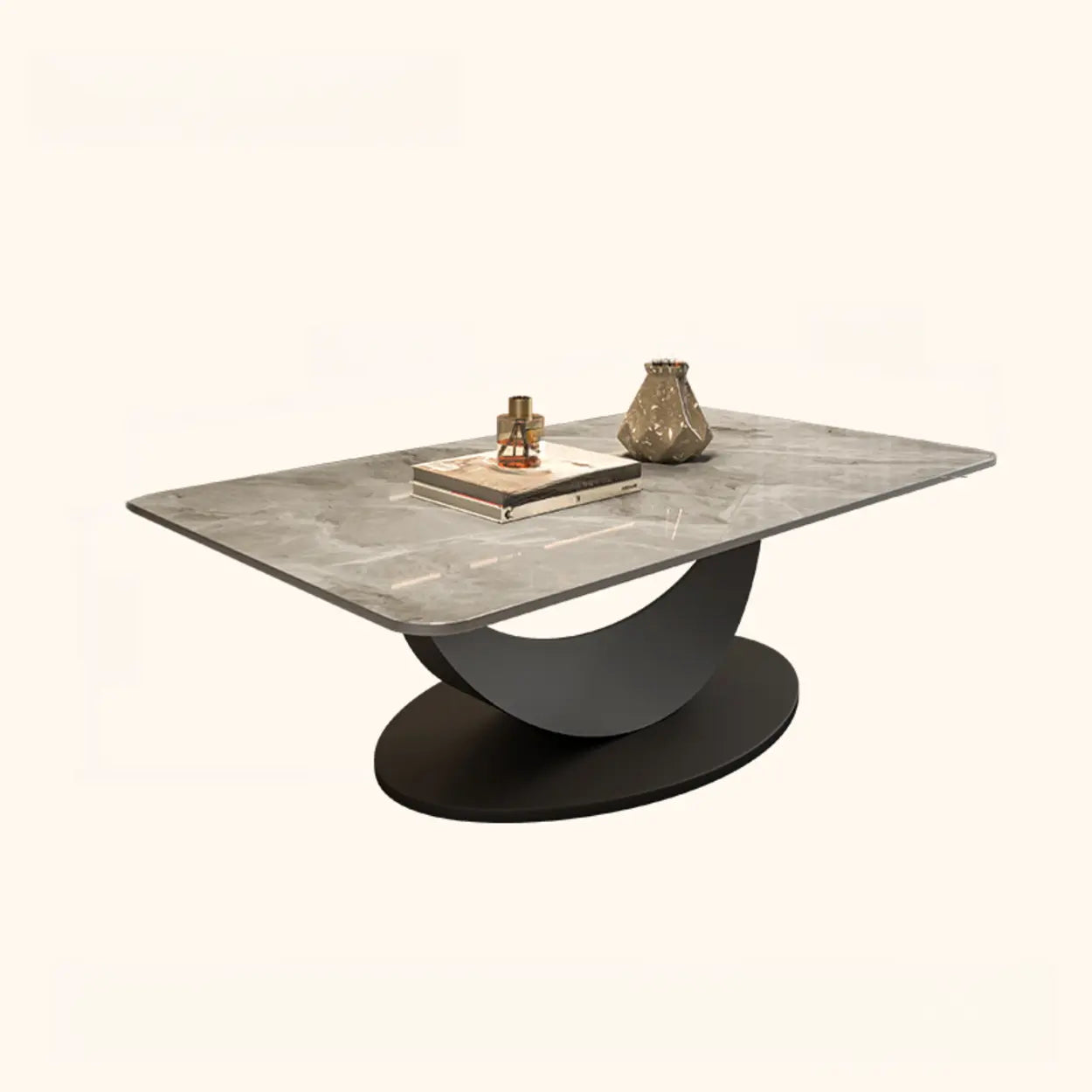 Abstract White Rectangular Stone Iron-Base Coffee Table — White