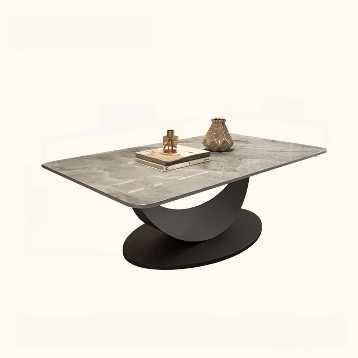 Abstract White Rectangular Stone Iron-Base Coffee Table — White