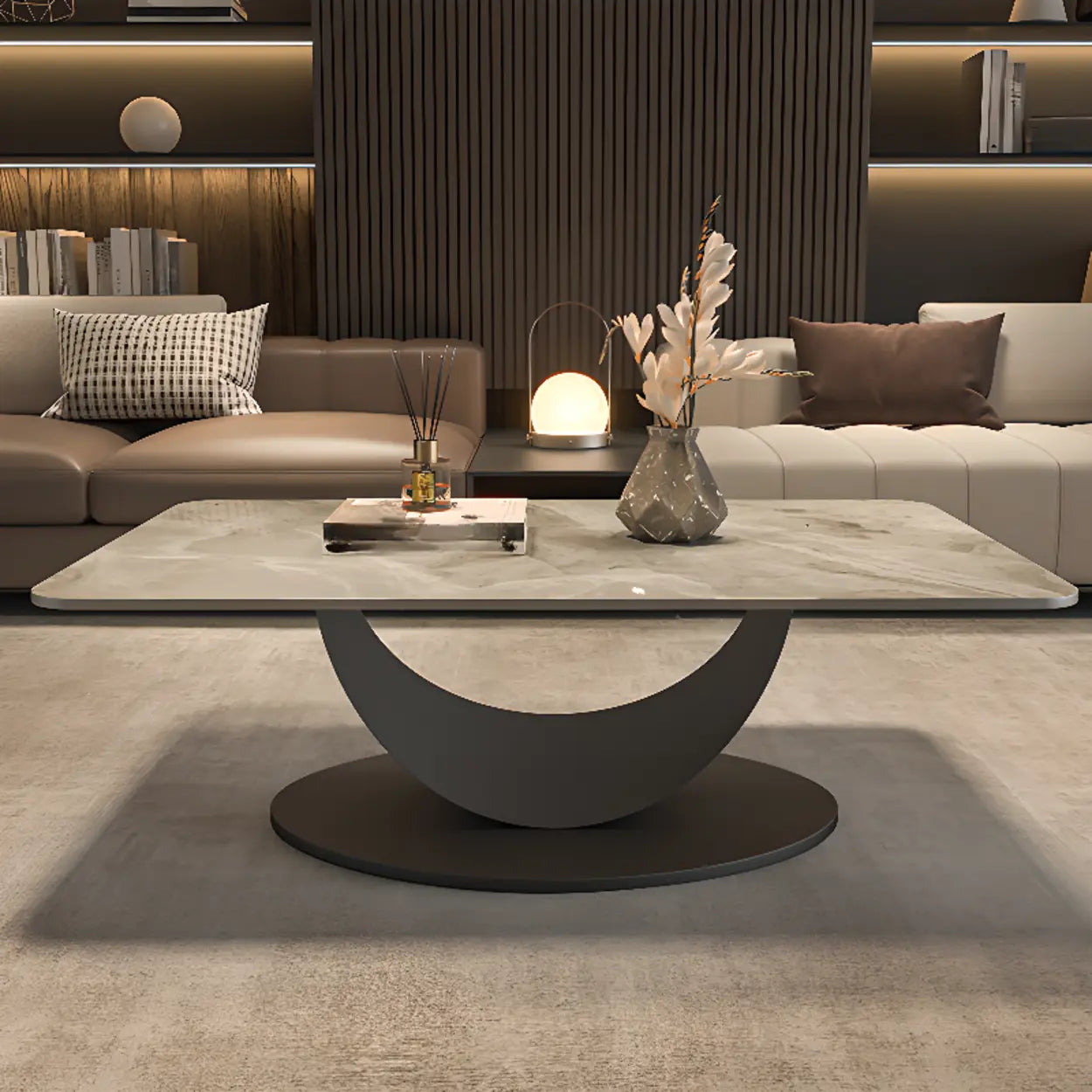 Abstract White Rectangular Stone Iron-Base Coffee Table — Gloss White