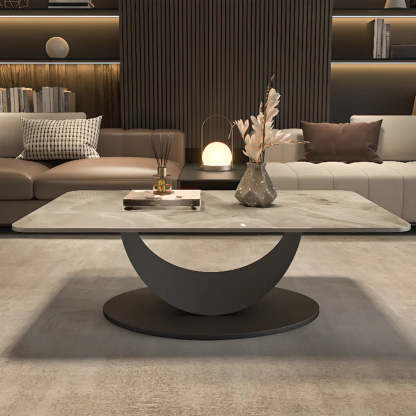 Abstract White Rectangular Stone Iron-Base Coffee Table — Gloss White
