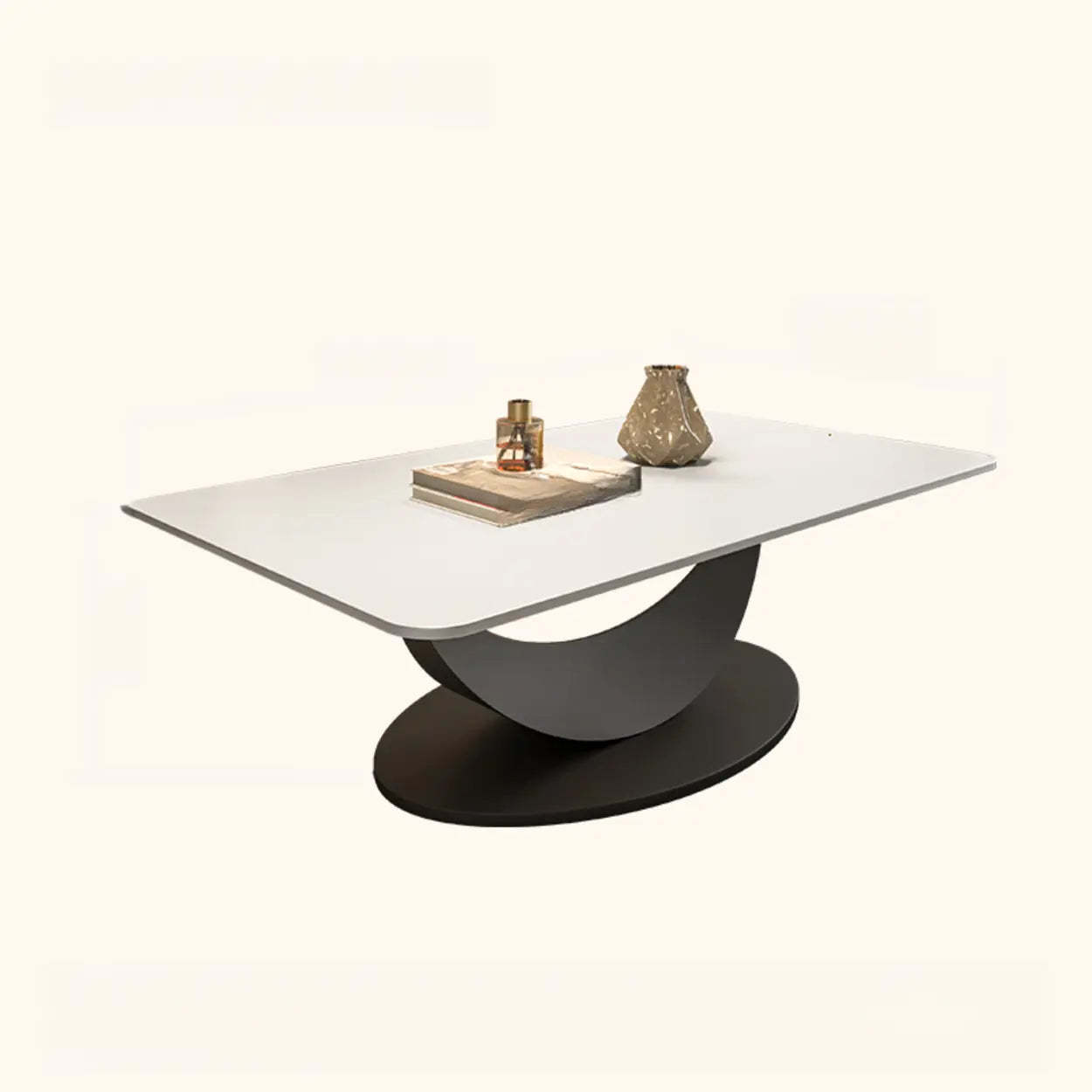 Abstract White Rectangular Stone Iron-Base Coffee Table — Gray/ White