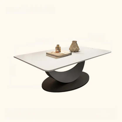 Abstract White Rectangular Stone Iron-Base Coffee Table — Gray/ White
