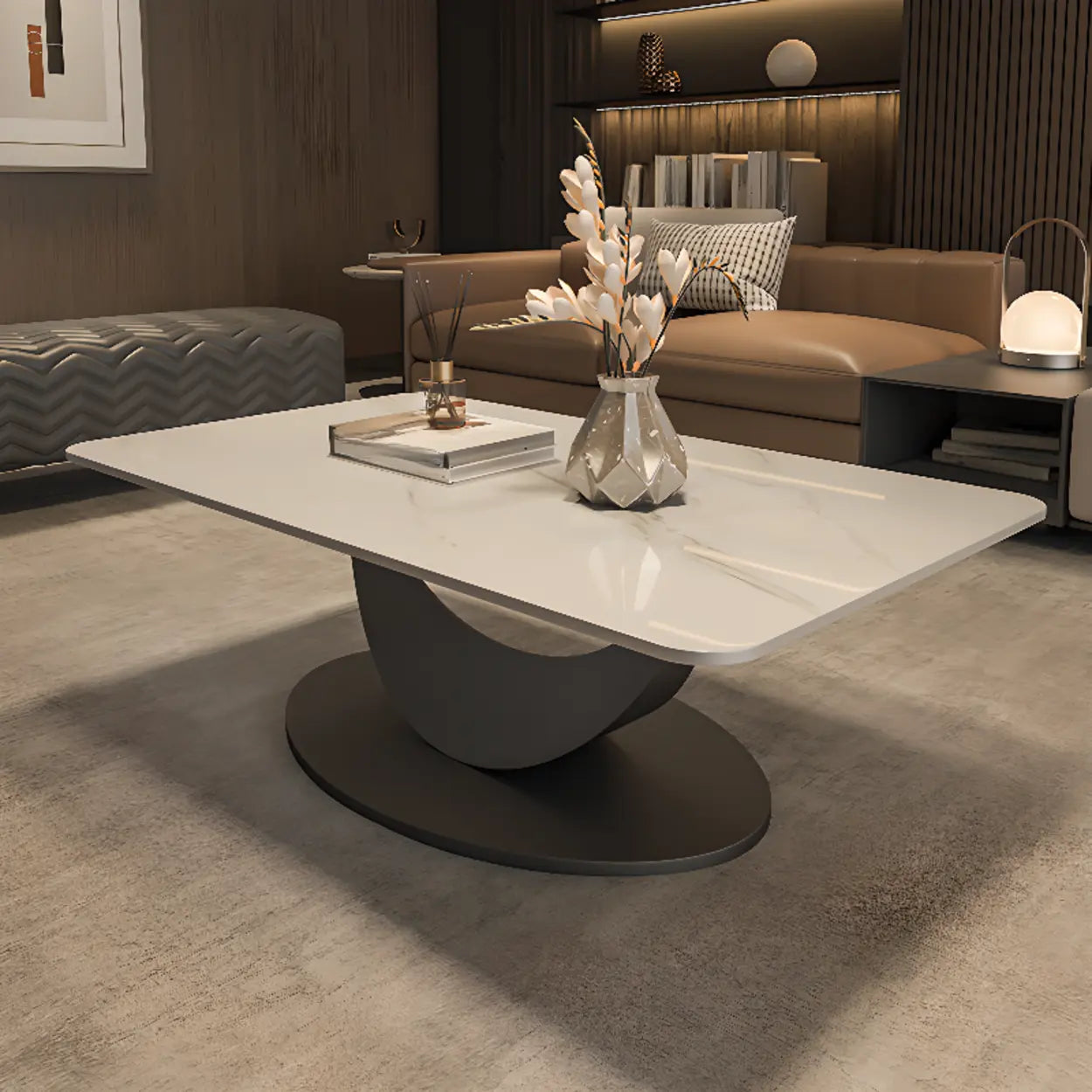 Abstract White Rectangular Stone Iron-Base Coffee Table — Black