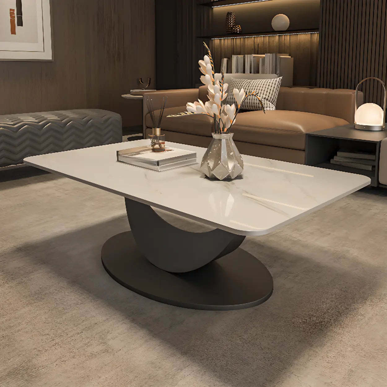 Abstract White Rectangular Stone Iron-Base Coffee Table — Black