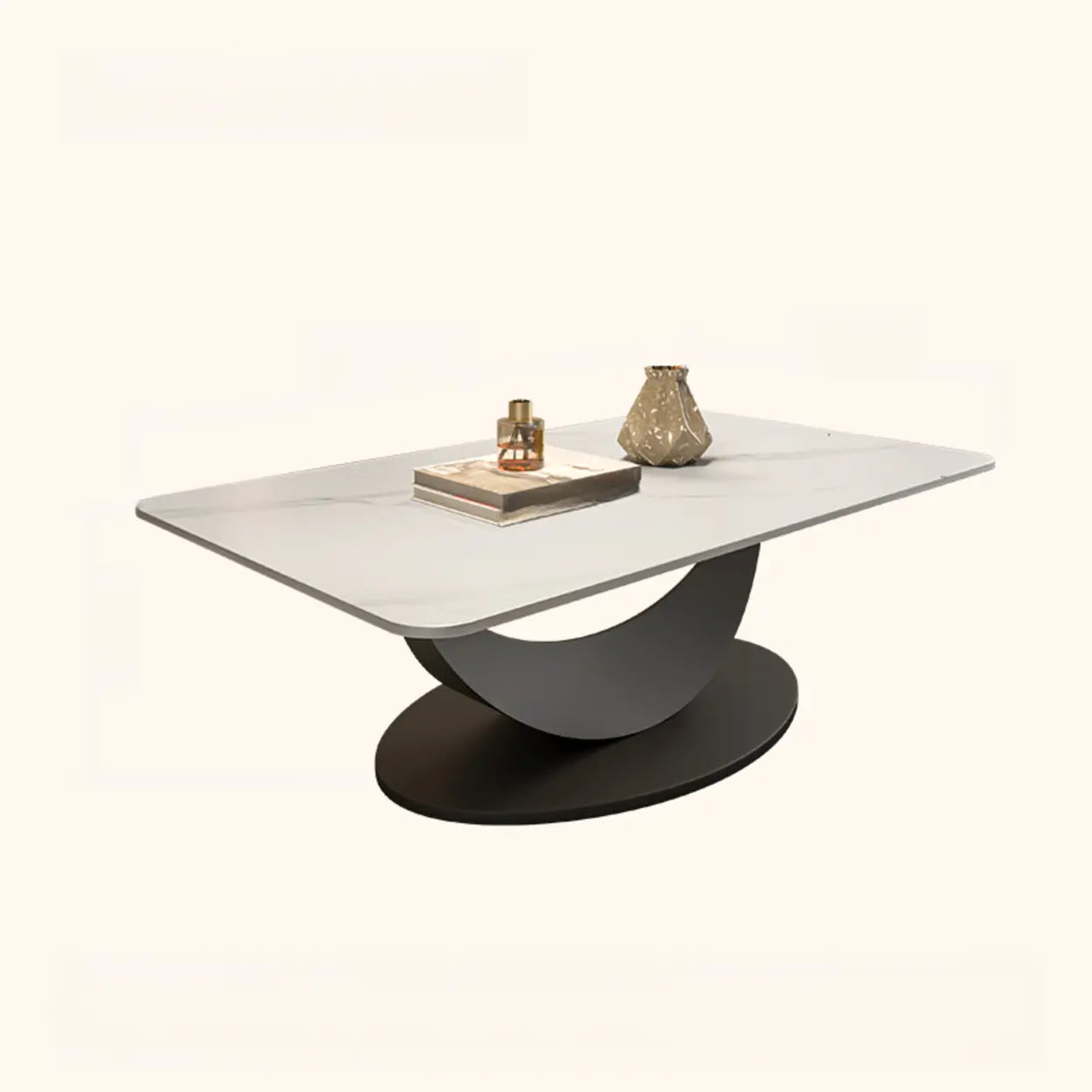Abstract White Rectangular Stone Iron-Base Coffee Table — Gray