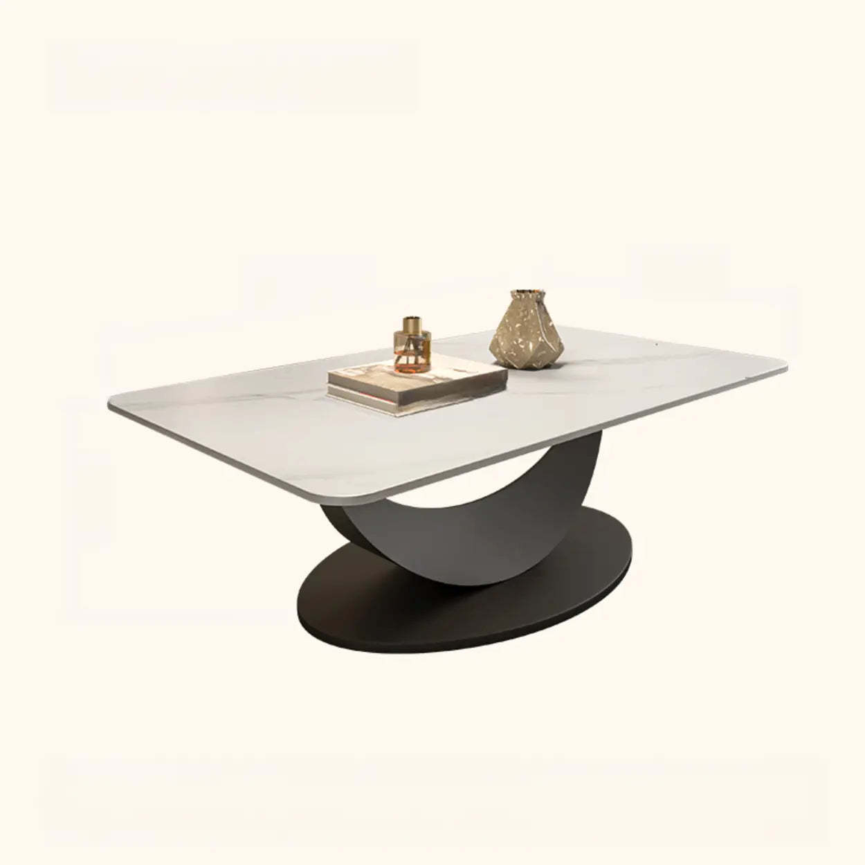 Abstract White Rectangular Stone Iron-Base Coffee Table — Gray