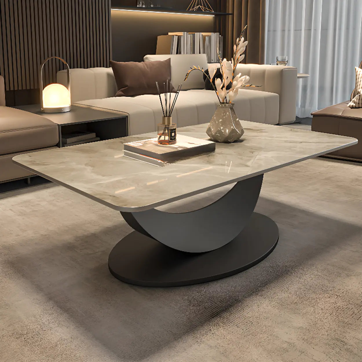 Abstract White Rectangular Stone Iron-Base Coffee Table — White