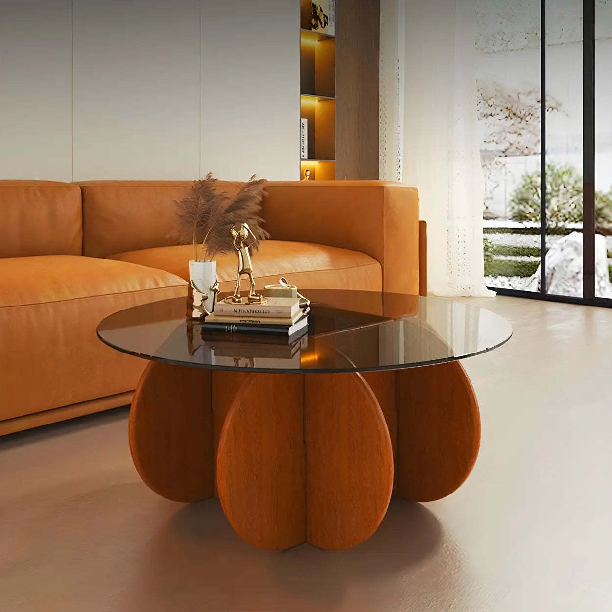 Abstract Wood Base Glass Round Coffee Table — White / Reeded Glass