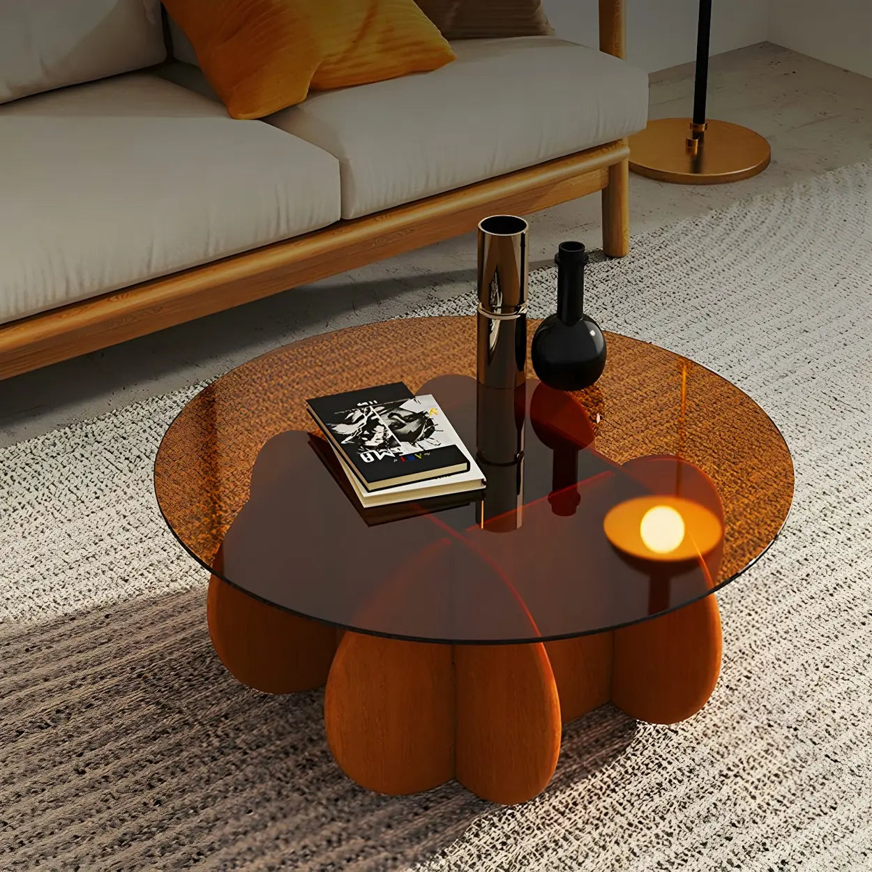 Abstract Wood Base Glass Round Coffee Table — White / Reeded Glass