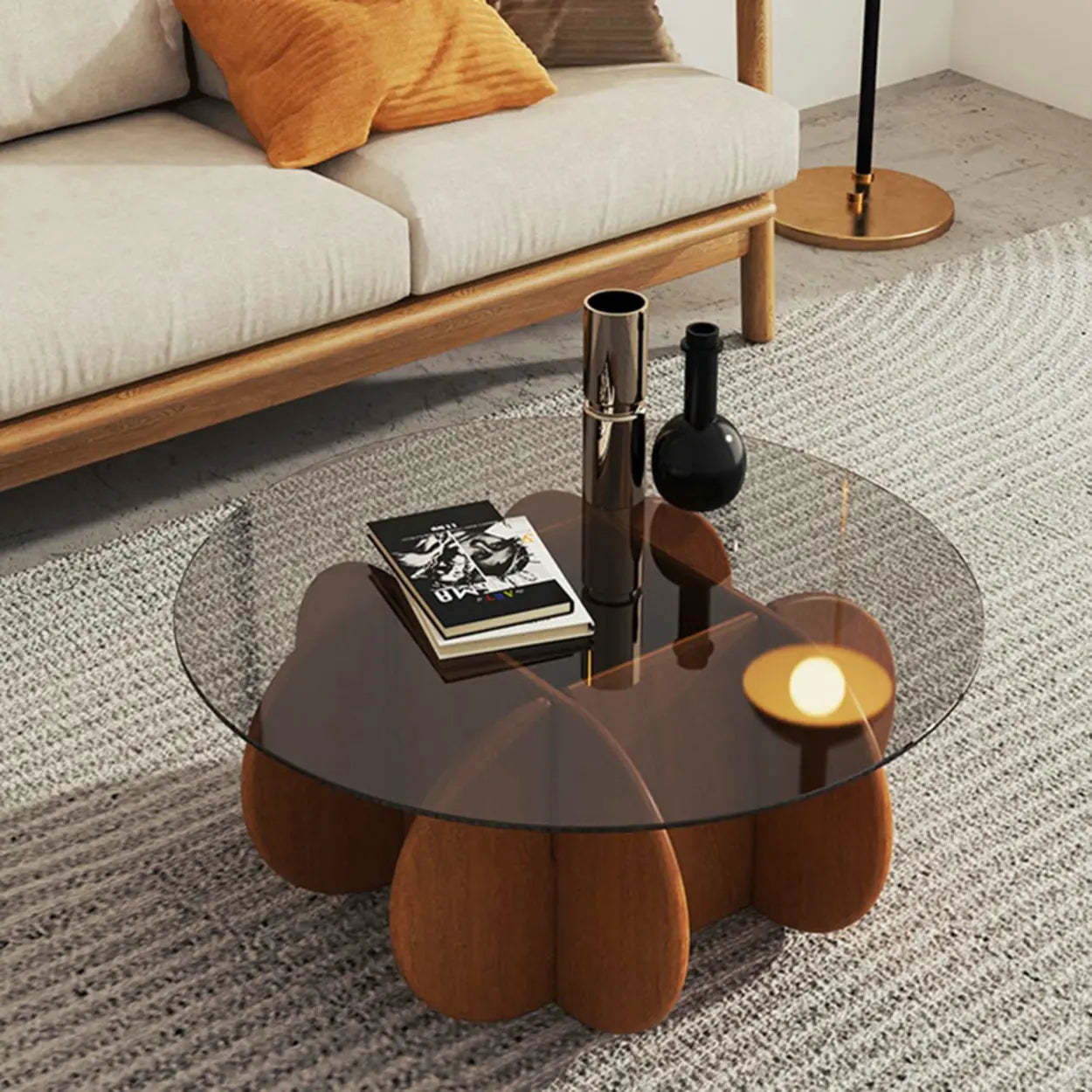 Abstract Wood Base Glass Round Coffee Table