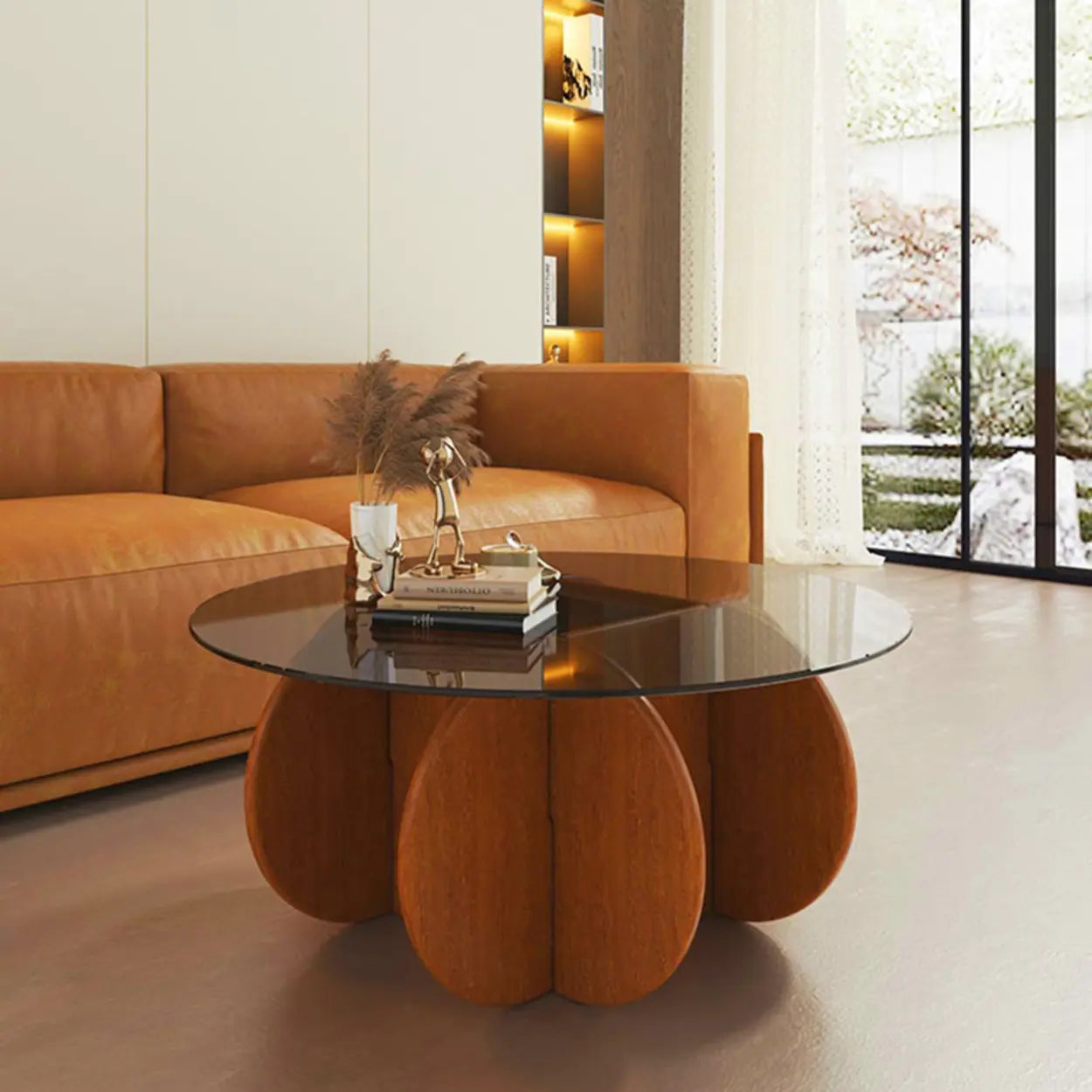 Abstract Wood Base Glass Round Coffee Table — White / Gray Glass