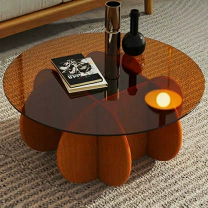 Abstract Wood Base Glass Round Coffee Table — Brown / Cranberry Glass