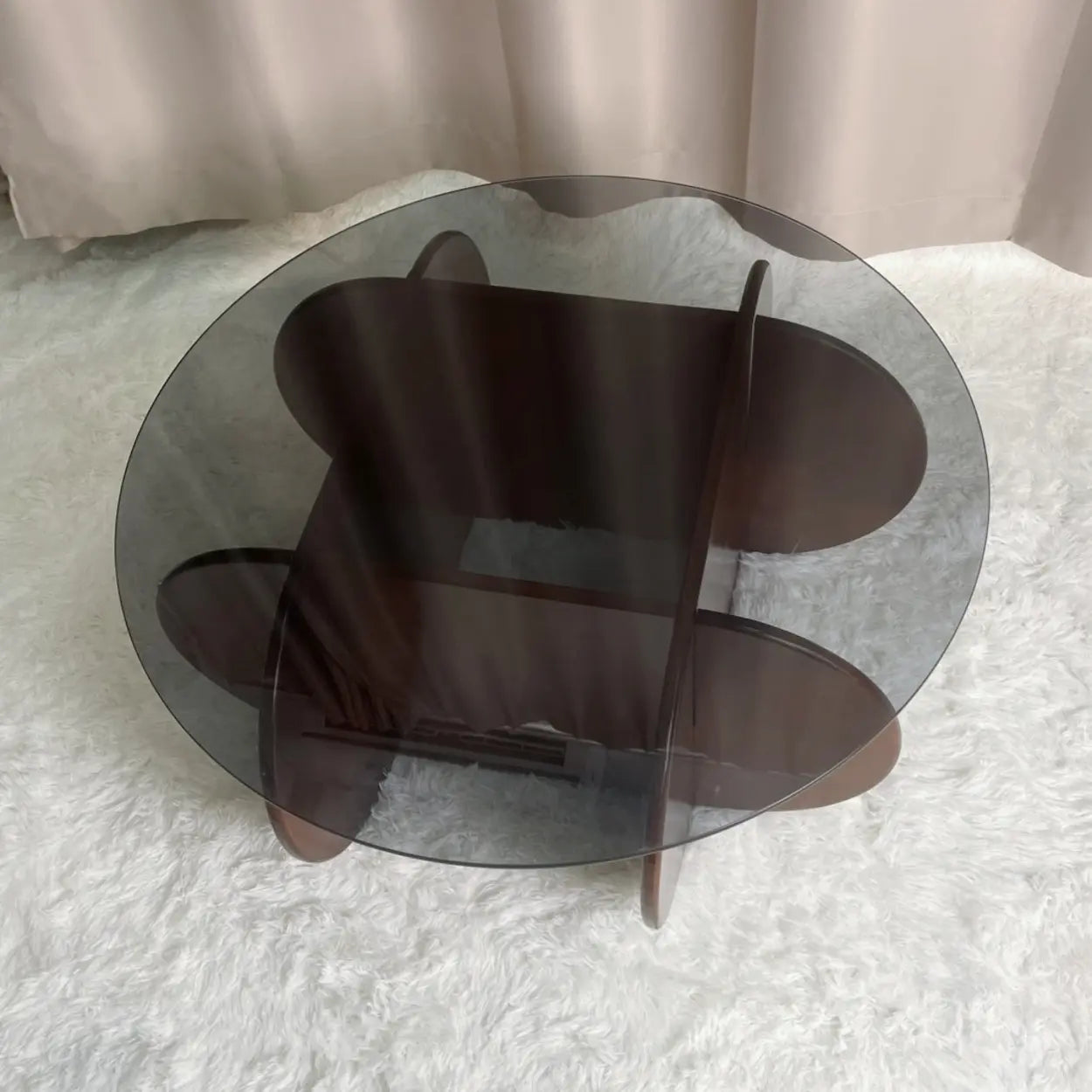 Abstract Wood Base Glass Round Coffee Table — White / Gray Glass