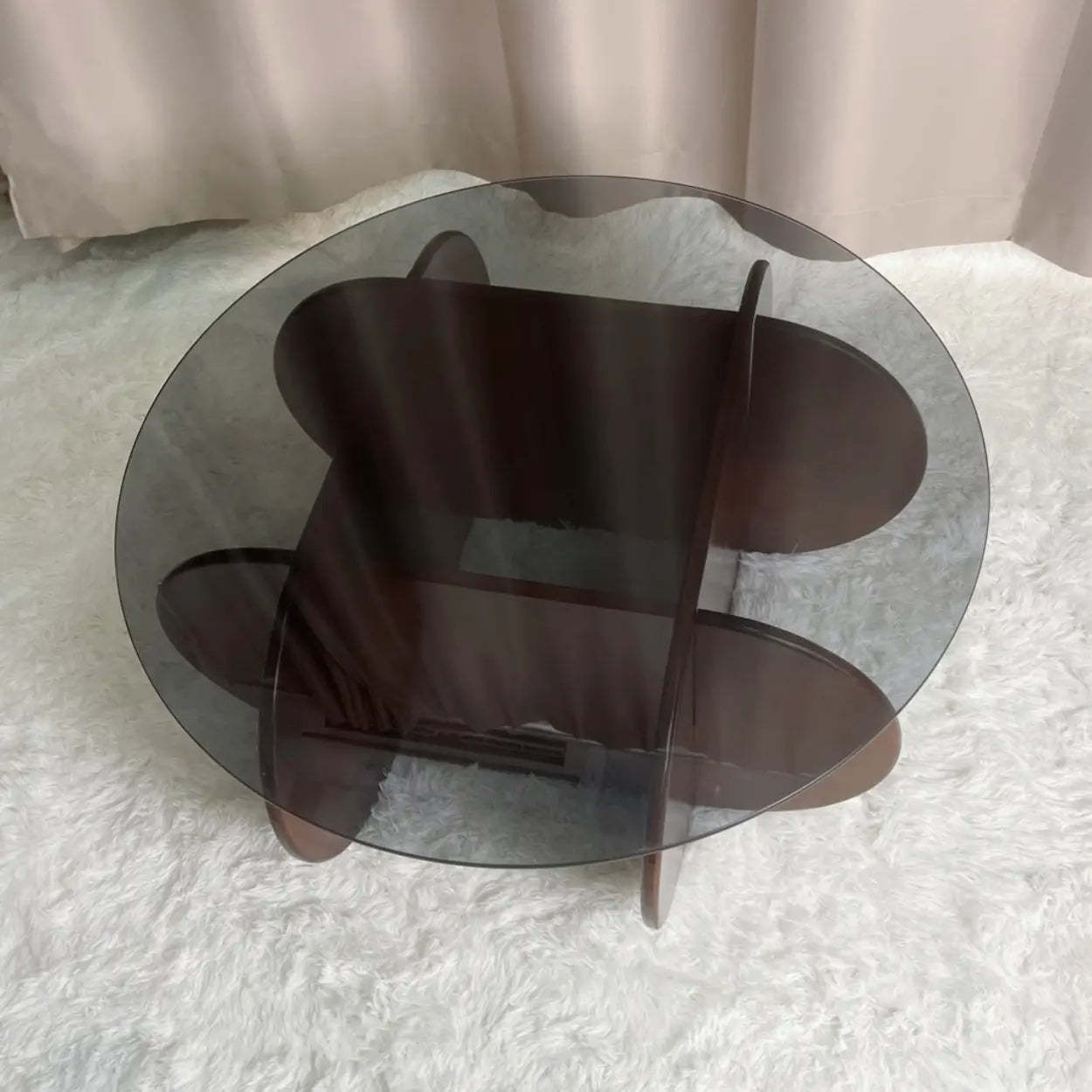 Abstract Wood Base Glass Round Coffee Table — White / Gray Glass