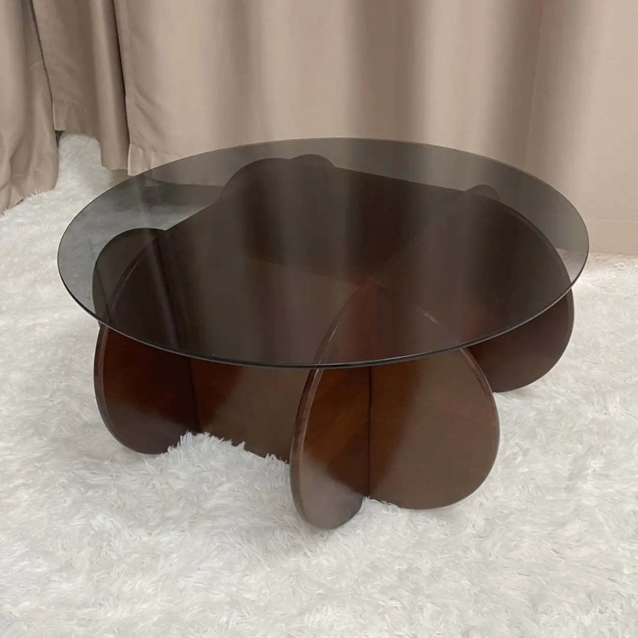 Abstract Wood Base Glass Round Coffee Table — Natural Finish / Gray Glass