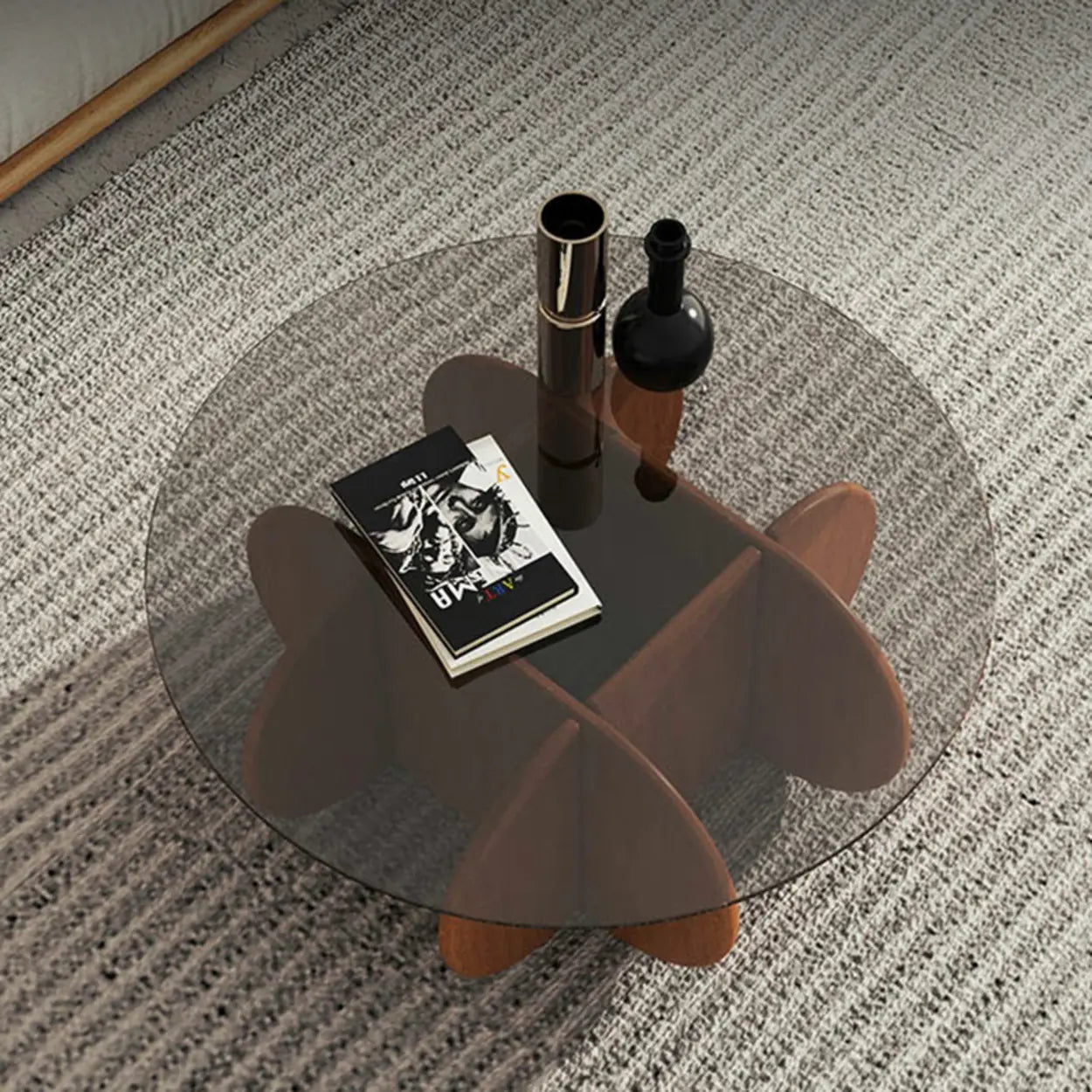 Abstract Wood Base Glass Round Coffee Table — Brown / Gray Glass