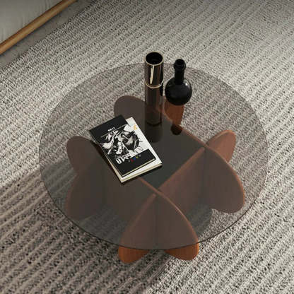 Abstract Wood Base Glass Round Coffee Table — Brown / Gray Glass