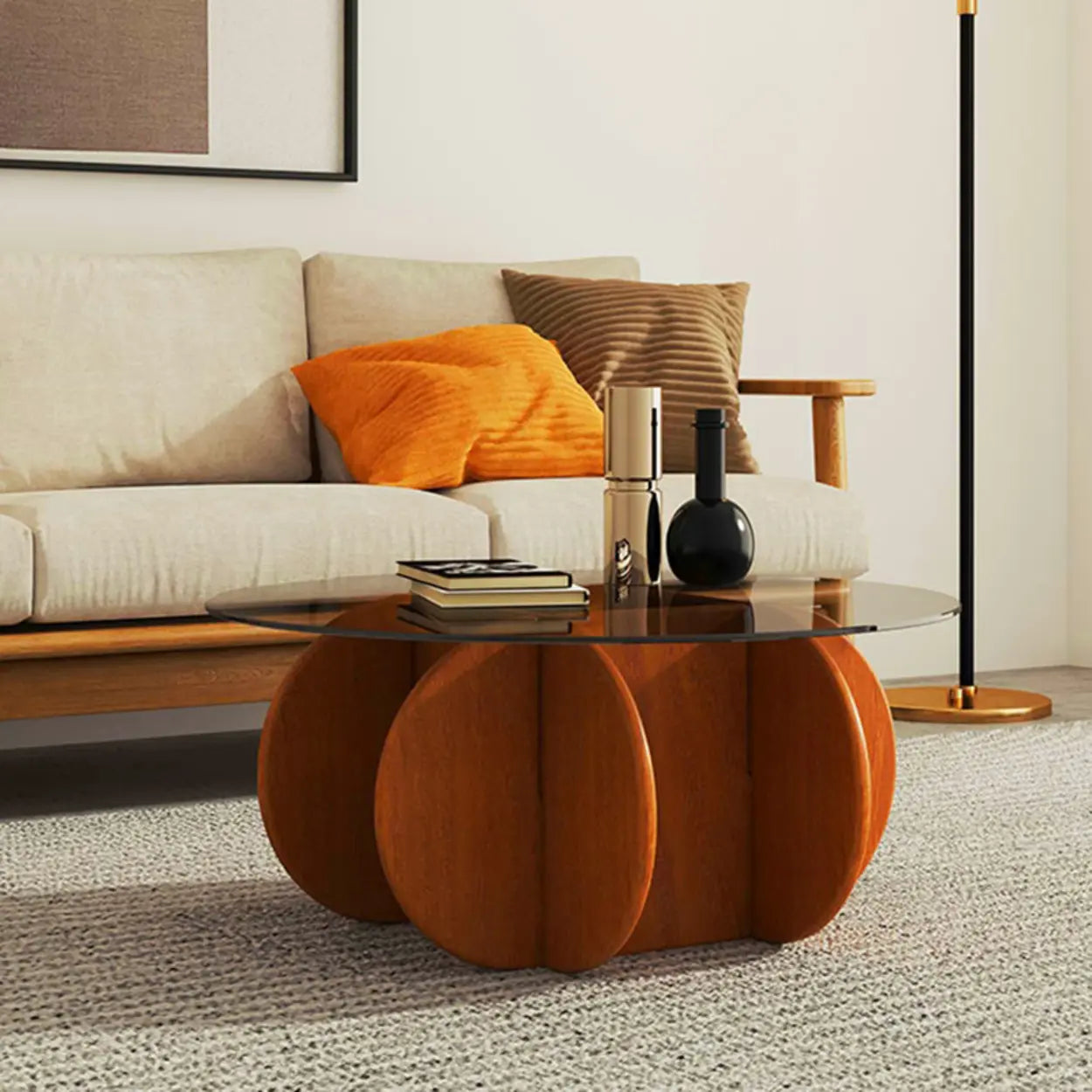 Abstract Wood Base Glass Round Coffee Table — Brown / Cranberry Glass