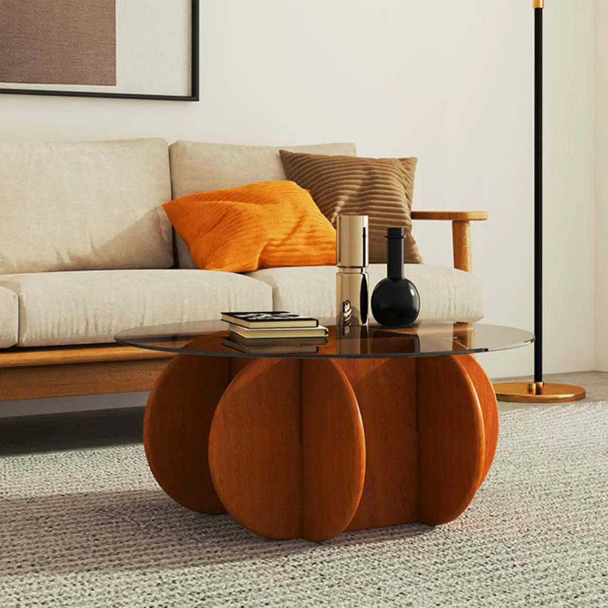 Abstract Wood Base Glass Round Coffee Table — Brown / Cranberry Glass