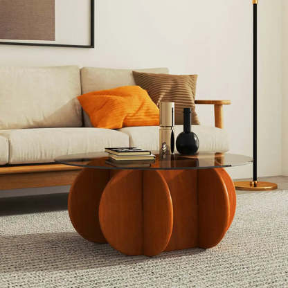 Abstract Wood Base Glass Round Coffee Table — Brown / Cranberry Glass