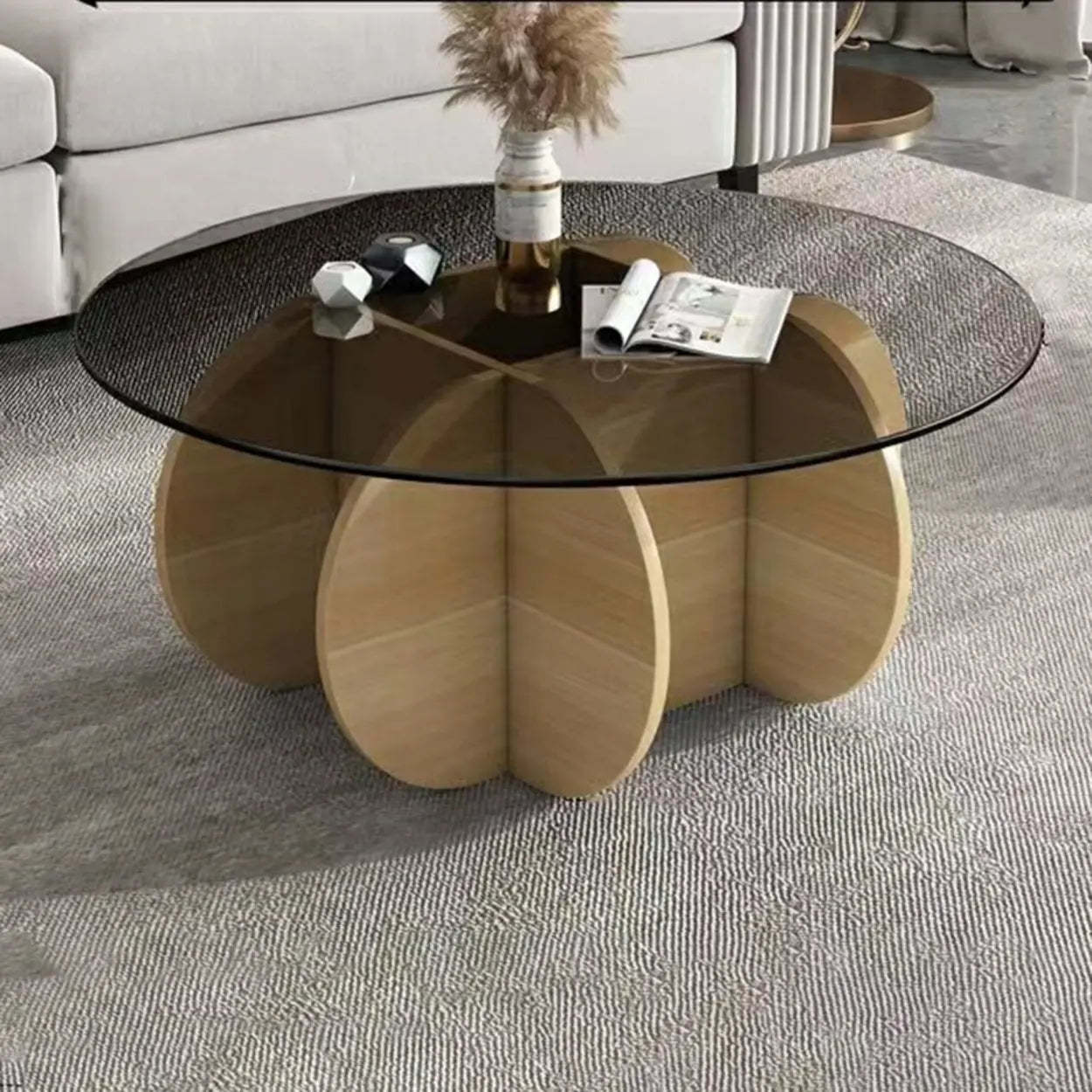 Abstract Wood Base Glass Round Coffee Table