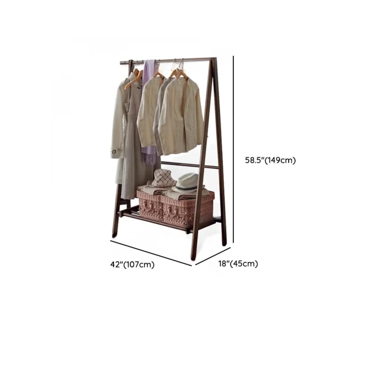 A-Frame Brown Wood Storage Coat Rack with Wheels