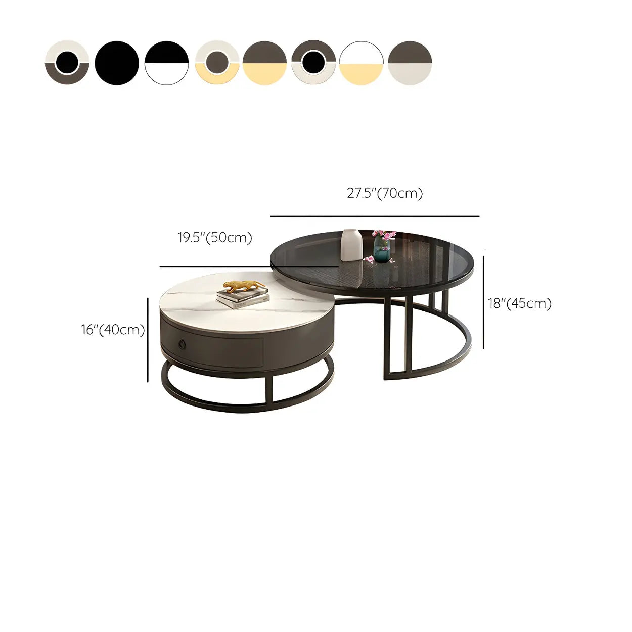 Modern Glass Round Steel Frame Nesting Coffee Tables — Gray-Gold