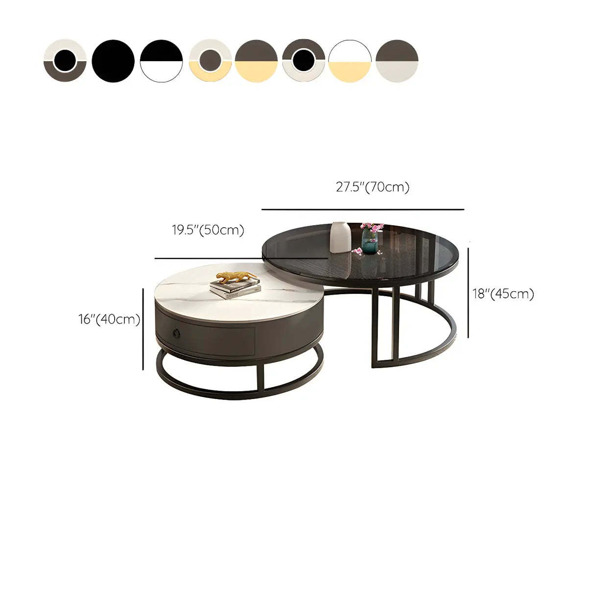 Modern Glass Round Steel Frame Nesting Coffee Tables — Gray-Gold