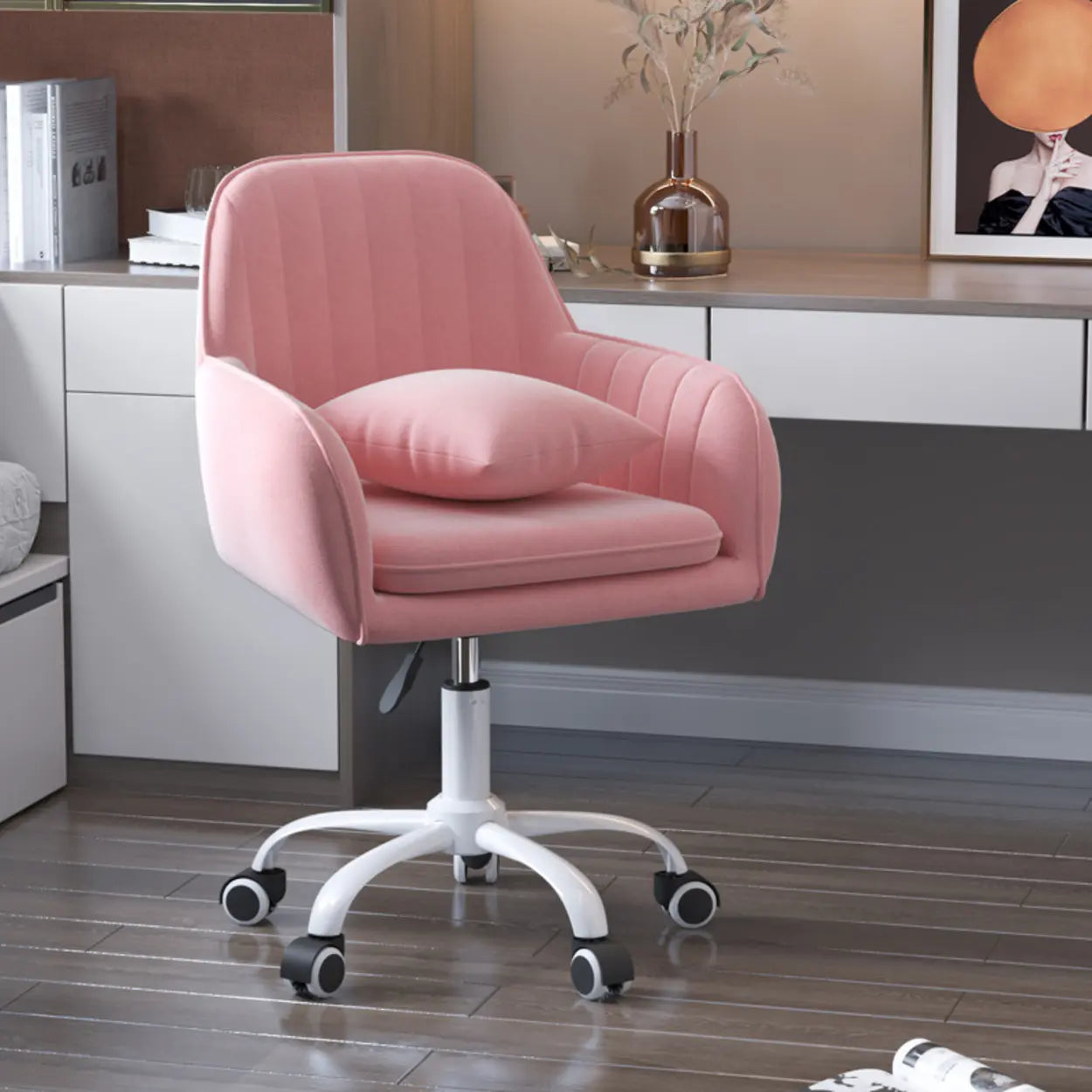 Pink Velvet Adjustable Swivel Office Chair with Cushion