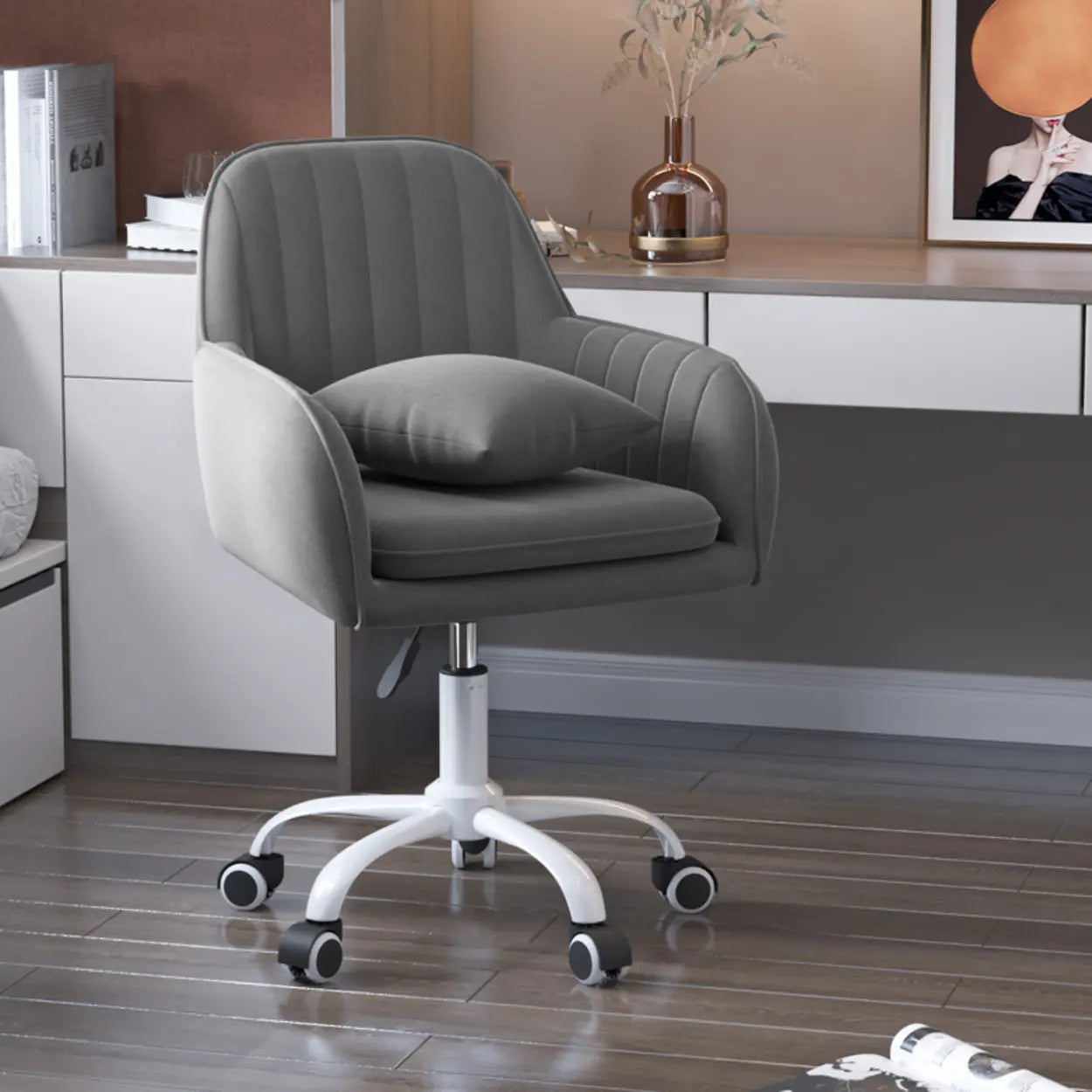 Pink Velvet Adjustable Swivel Office Chair with Cushion — Green/ White