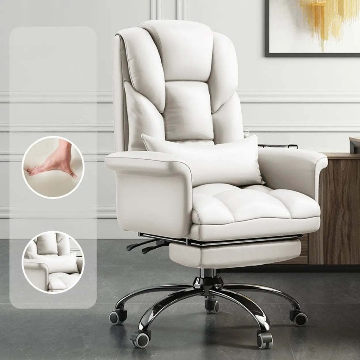 Adjustable Ergonomic Leather Office Chair — Off-White / With Footrest