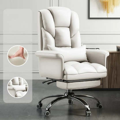 Adjustable Ergonomic Leather Office Chair — Off-White / With Footrest