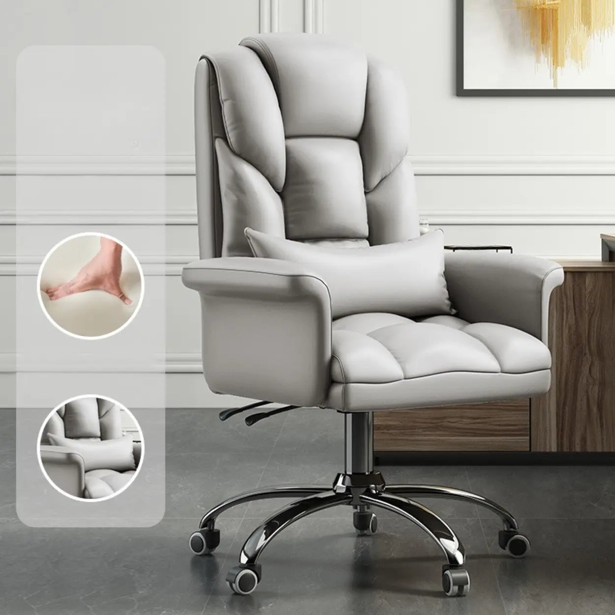 Adjustable Ergonomic Leather Office Chair — Off-White / Without Footrest