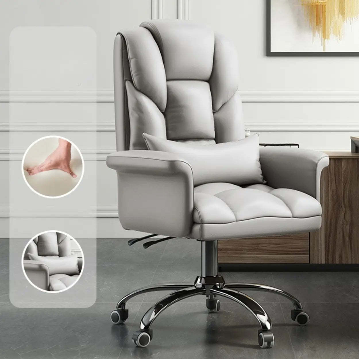 Adjustable Ergonomic Leather Office Chair — Off-White / Without Footrest