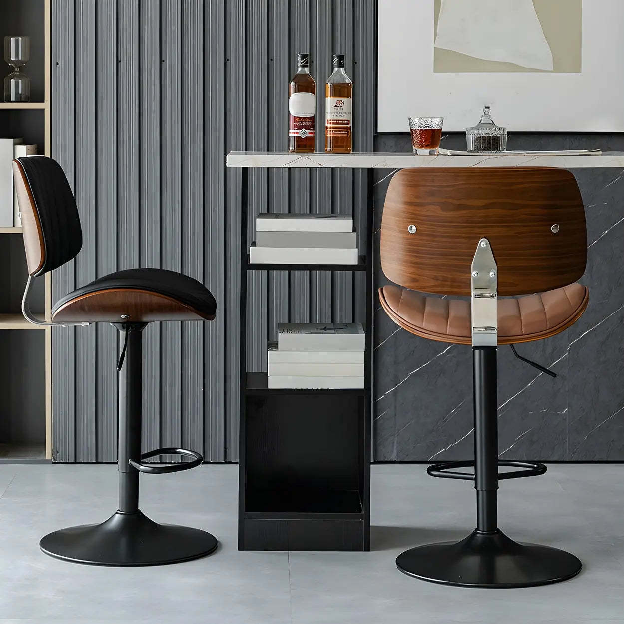Adjustable Armless Leather Swivel Bar Stool — 2 Piece Set / Black