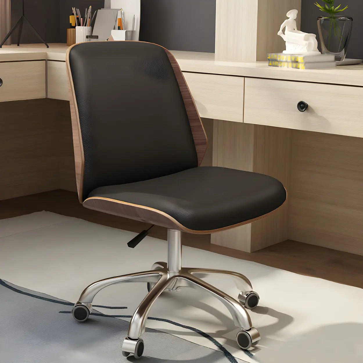 Adjustable Armless Black Faux Leather Swivel Office Chair