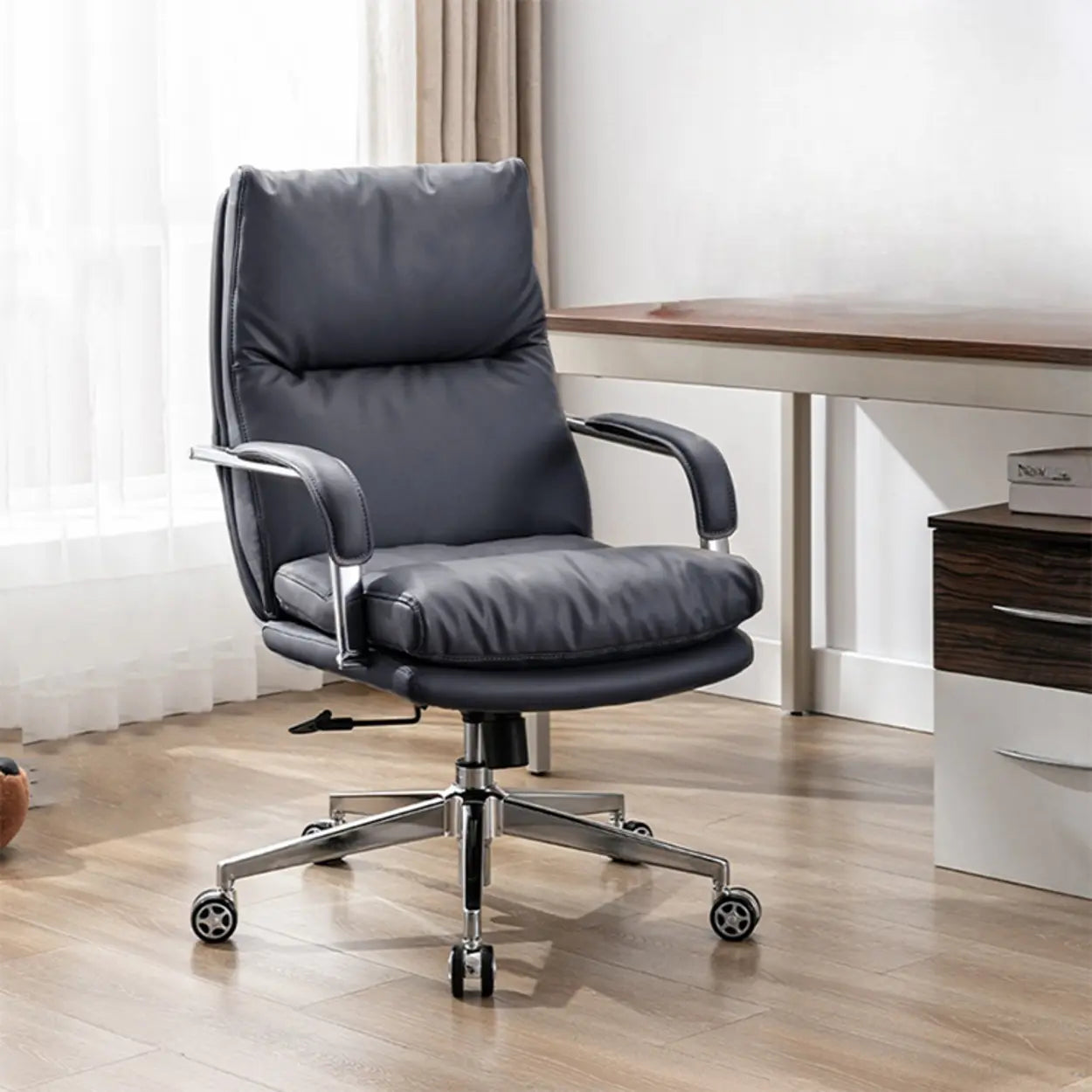 Ergonomic Leather Swivel Office Chair with Adjustable Arms — Beige / Leathaire