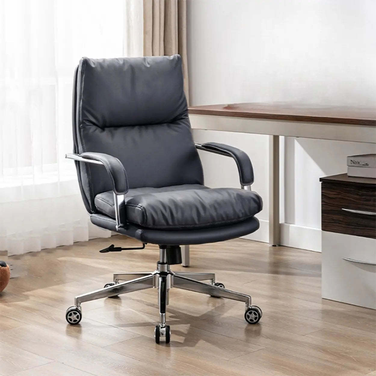 Ergonomic Leather Swivel Office Chair with Adjustable Arms — Beige / Leathaire