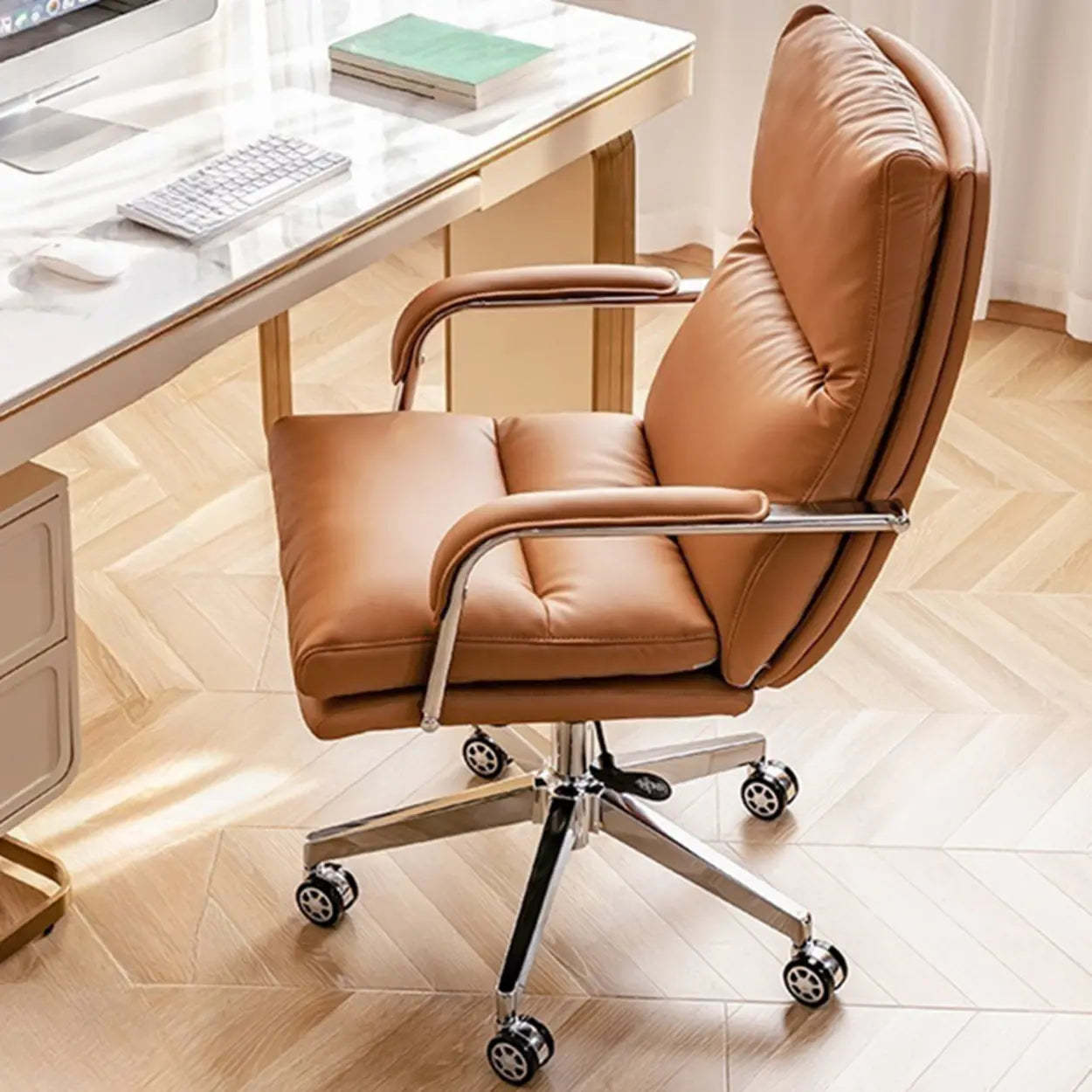 Ergonomic Leather Swivel Office Chair with Adjustable Arms — Black / Leathaire