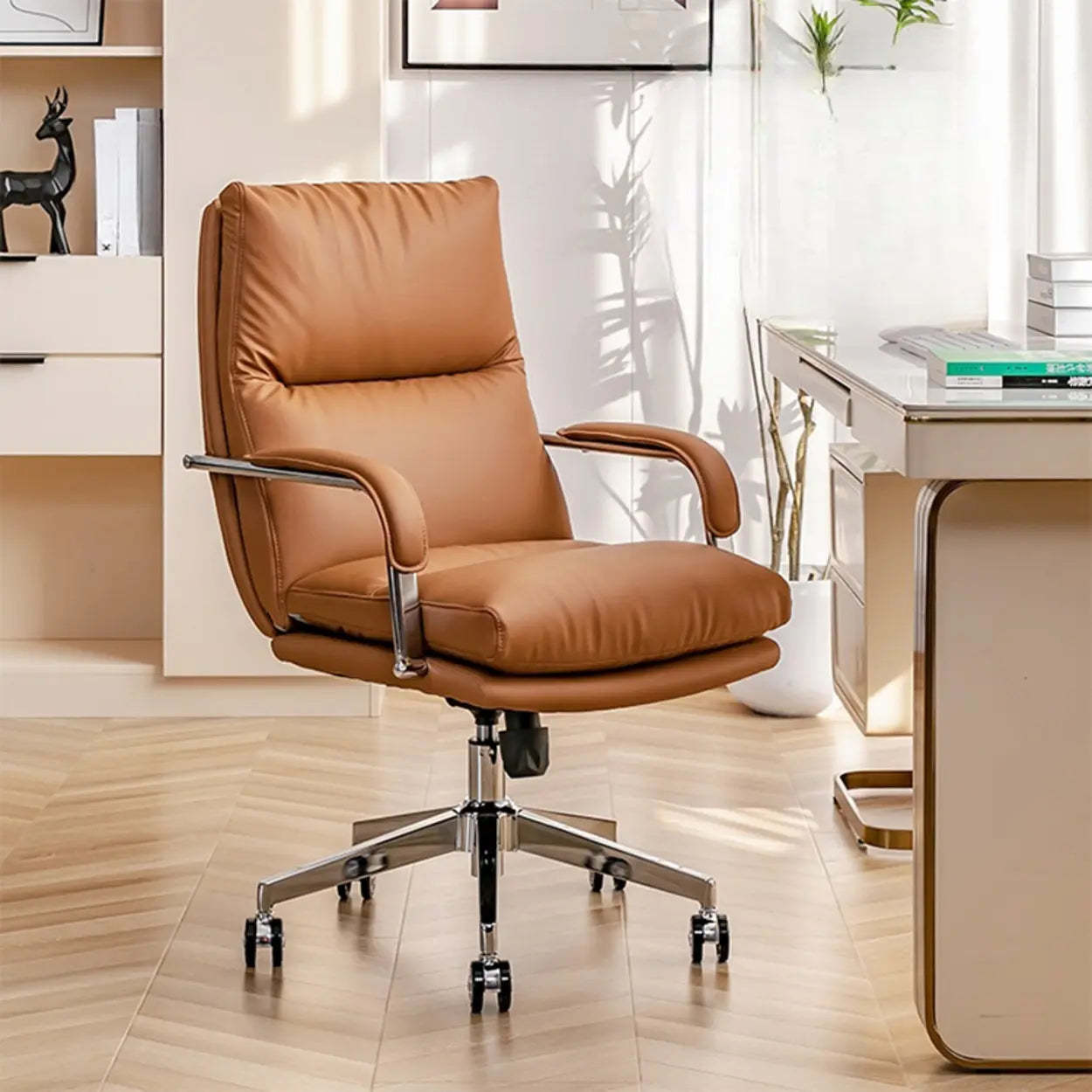 Ergonomic Leather Swivel Office Chair with Adjustable Arms — Brown / Full Grain Cow Leather