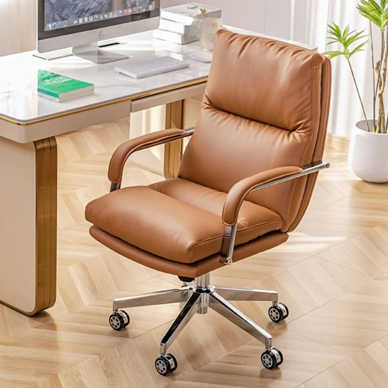 Ergonomic Leather Swivel Office Chair with Adjustable Arms — Brown / Leathaire